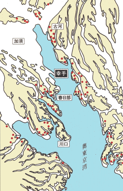 約5500年前の海岸線と主な貝塚の分布
