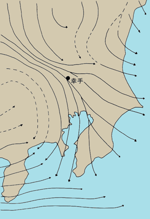 関東地方の冬の季節風の流線図