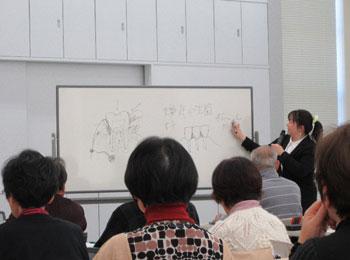 ホワイトボードに書きながら説明をする講師の様子の写真