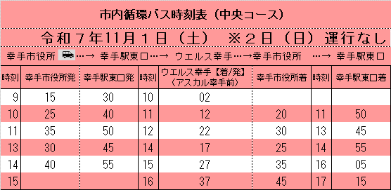 令和7年度幸手市文化祭に行く際に活用できる市内循環バスの時刻表(参考)