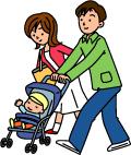 赤ちゃんを夫婦がベビーカーで押して歩いてるイラスト画像