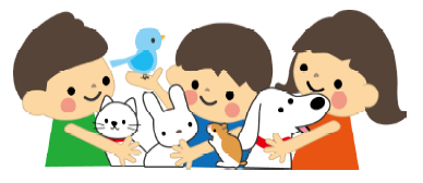 助け合いが大切（インコ、猫、うさぎ、ハムスター、犬とこどもたちのイラスト）
