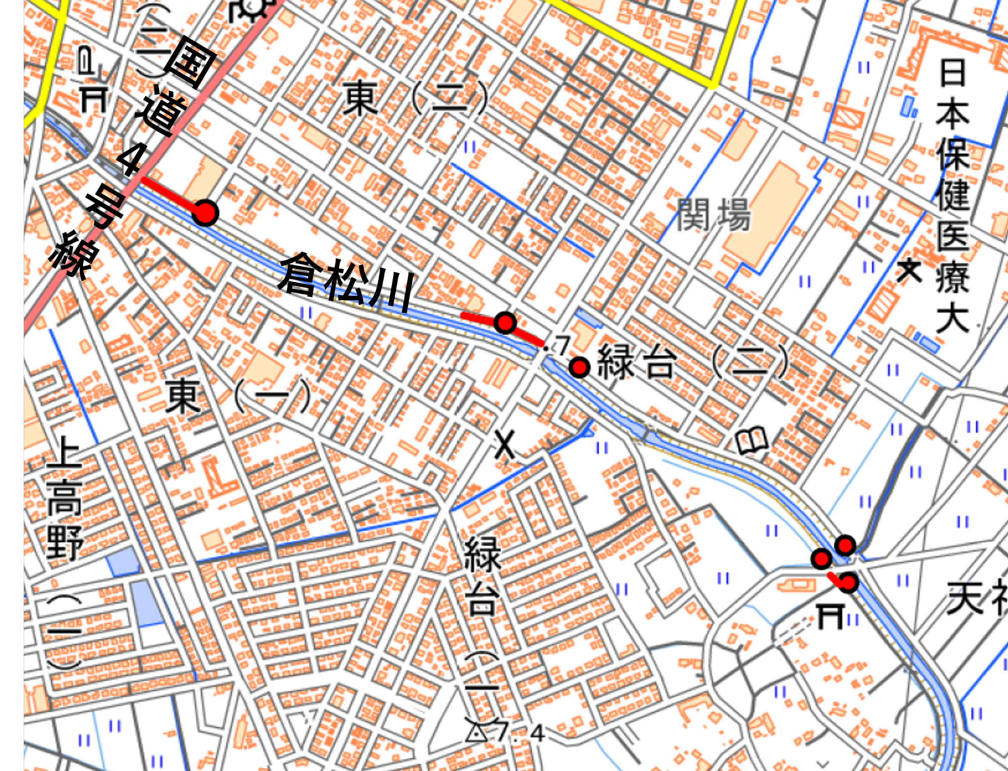 国道4号線から天神橋の倉松川沿いに設置した排水ポンプ