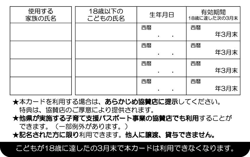 パパ・ママ応援ショップ優待カードの画像(裏面)